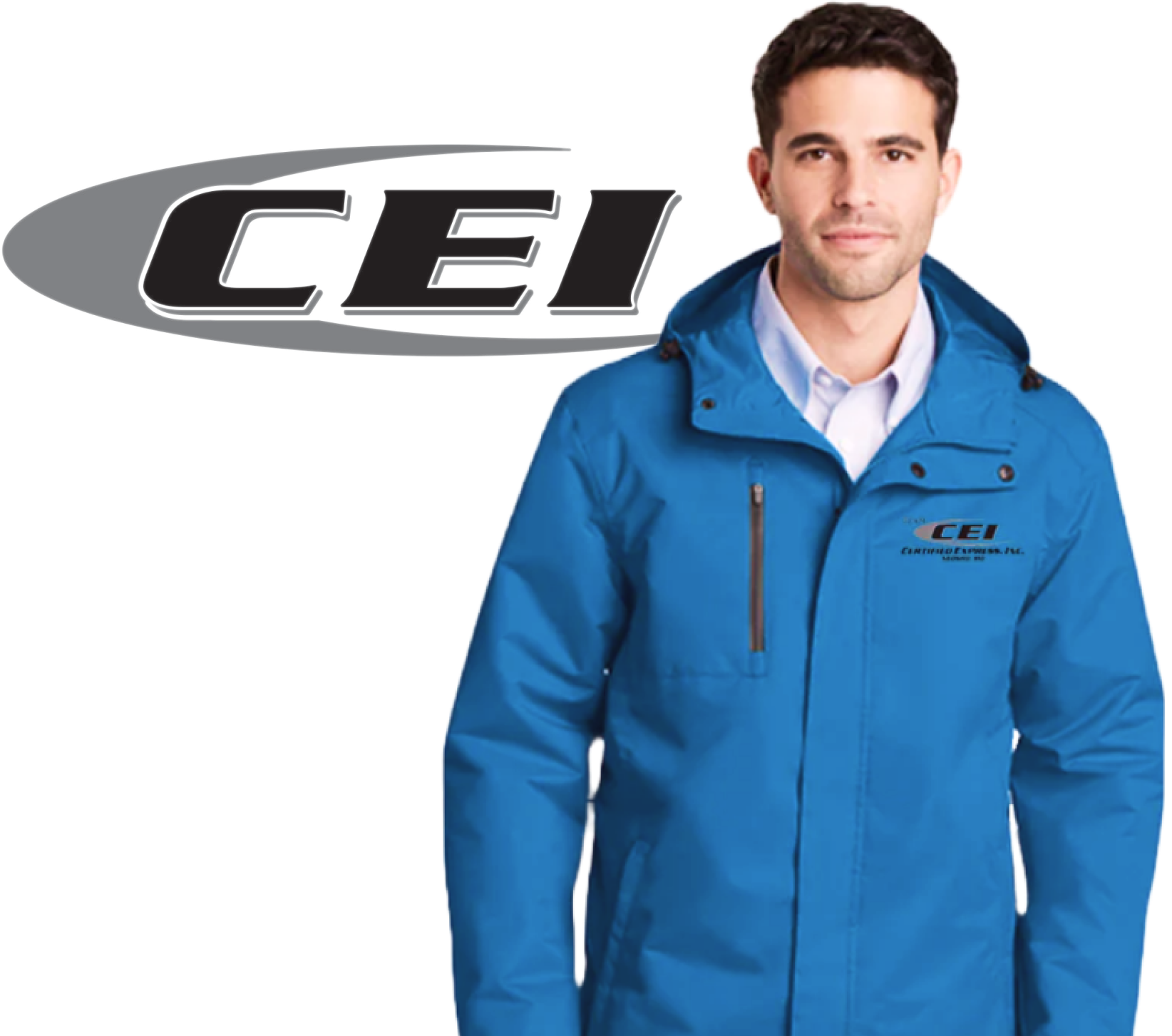 Model poses for a photo wearing a CEI windbreaker in front of the CEI logo.