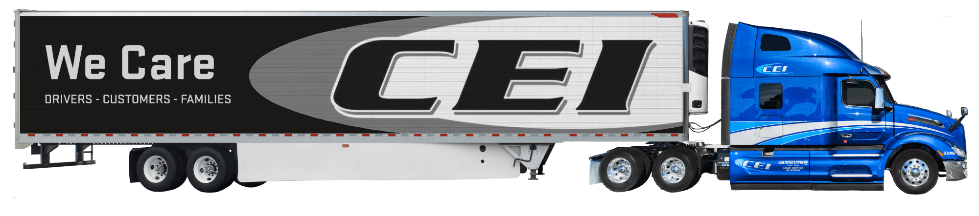 A CEI truck drives across the screen with the text "We Care: Drivers - Customers - Families" printed on the trailer.
