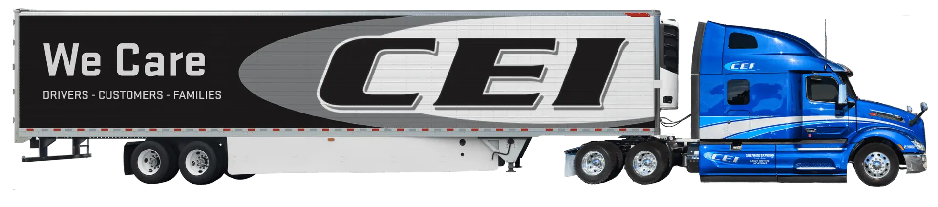 A CEI truck drives across the screen with the text "We Care: Drivers - Customers - Families" printed on the trailer.