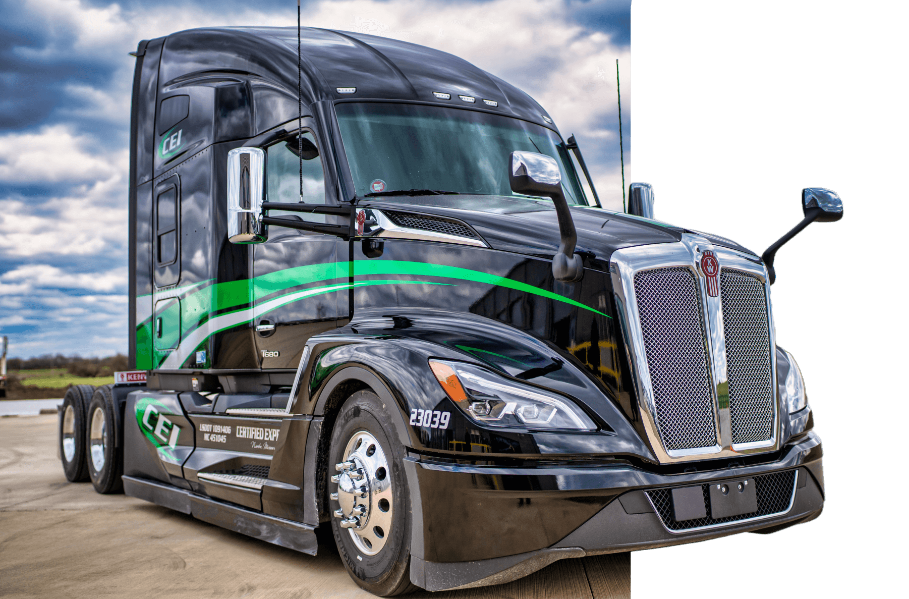 A gleaming black Certified Express truck is parked in front of a clear sky background.
