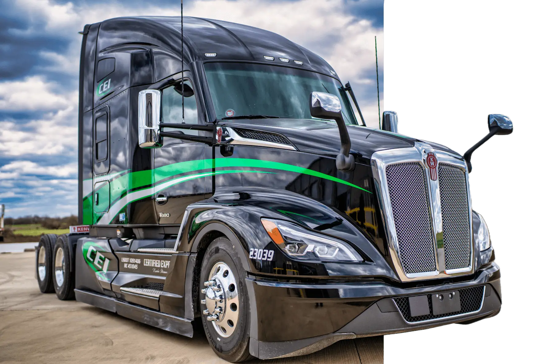 A gleaming black Certified Express truck is parked in front of a clear sky background.