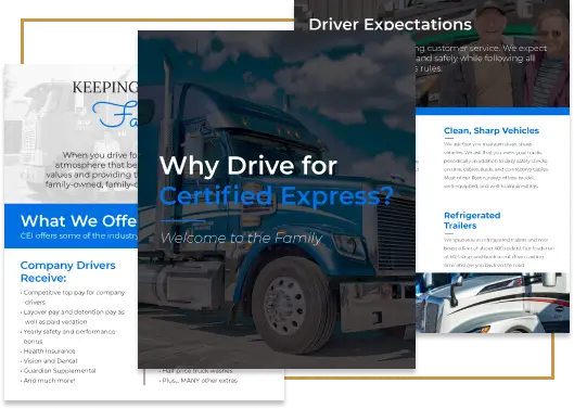 Brochure pages for Certified Express featuring information about company driver benefits, expectations, and clean vehicles, with a central image of a blue semi-truck.