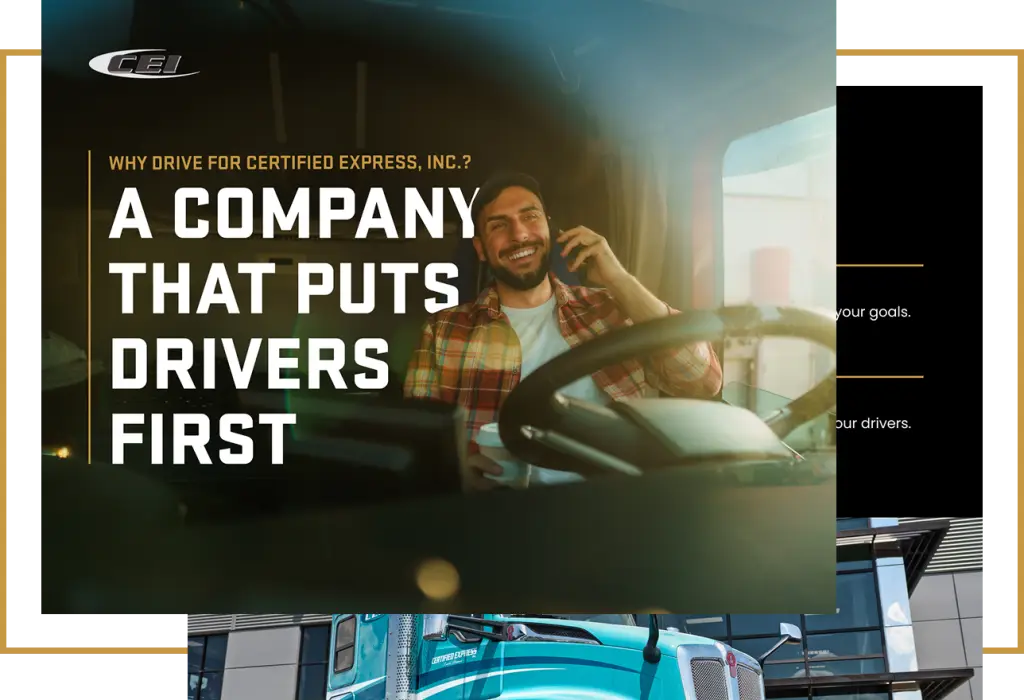 A man sits in a truck cab smiling and talking on the phone; text reads, "A company that puts drivers first.